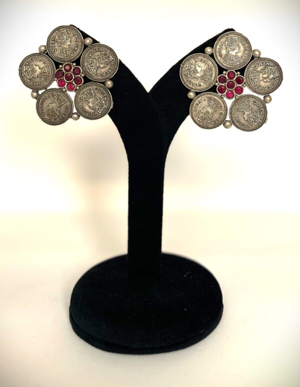 TB ginni antique victorian coin style setting with studded ruby stones silver replica earrings - Image 4