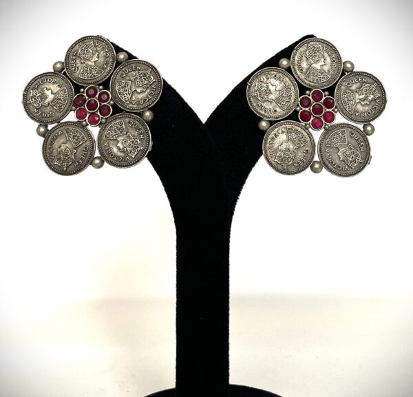 TB ginni antique victorian coin style setting with studded ruby stones silver replica earrings - Image 3