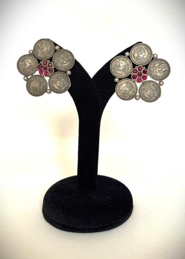 TB ginni antique victorian coin style setting with studded ruby stones silver replica earrings