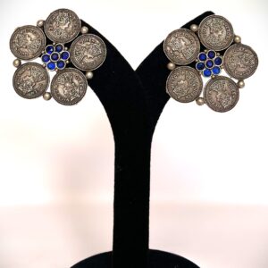 TB ginni antique victorian coin style setting with studded night blue stones silver replica earrings