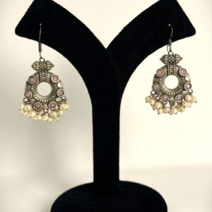 TB full moon antique beautiful design with pink rose and pearls setting silver replica earrings