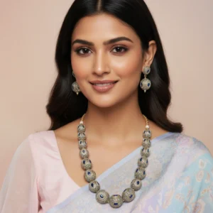 Royal Blue Beaded Necklace Set with Earrings – Antique Gold Finish Statement Jewelry