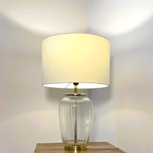 Toombox Clear Ribbed Glass Table Lamp with Gold Finish & Ivory Drum Shade – Elegant Modern Home Décor Lighting