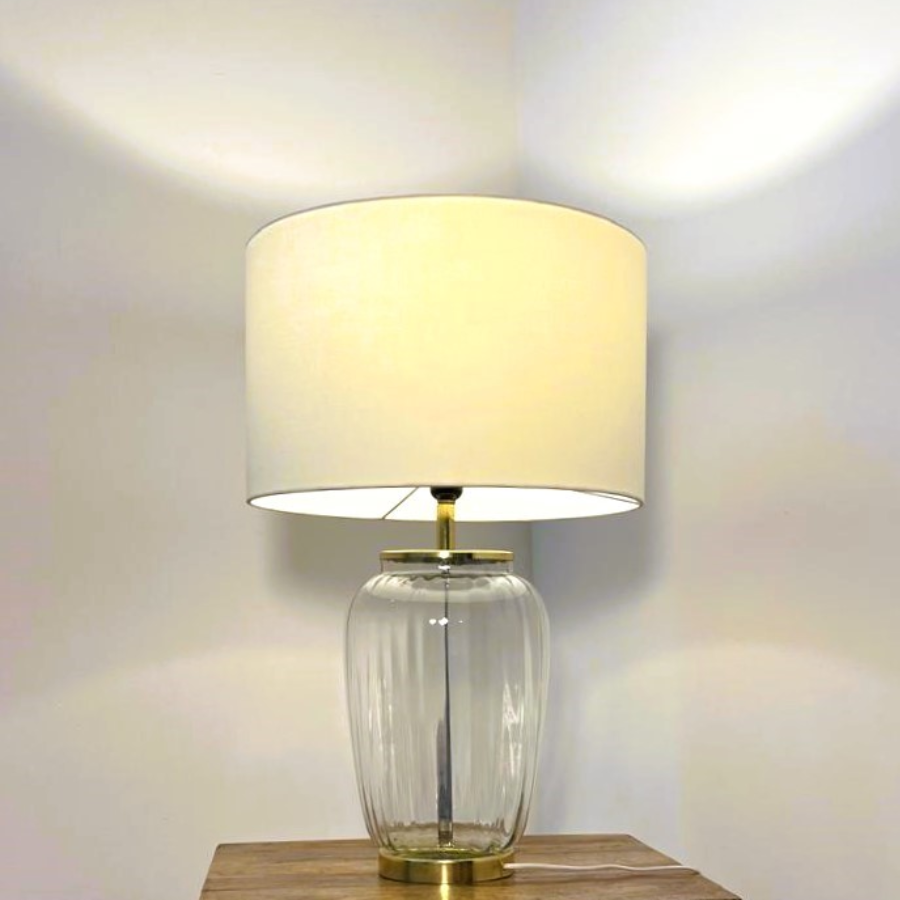 Toombox Clear Ribbed Glass Table Lamp with Gold Finish & Ivory Drum Shade – Elegant Modern Home Décor Lighting