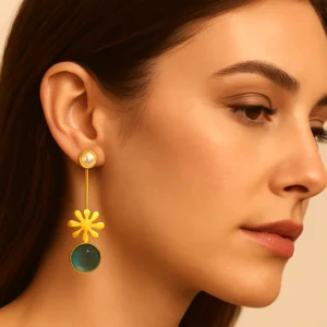Gold Plated Pearl & Green Stone Drop Earrings – Modern Designer Jewellery for Women