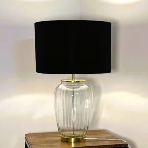 Toombox Clear Ribbed Glass Table Lamp with Gold Finish Base & Black Drum Shade – Modern Minimalist Home Lighting