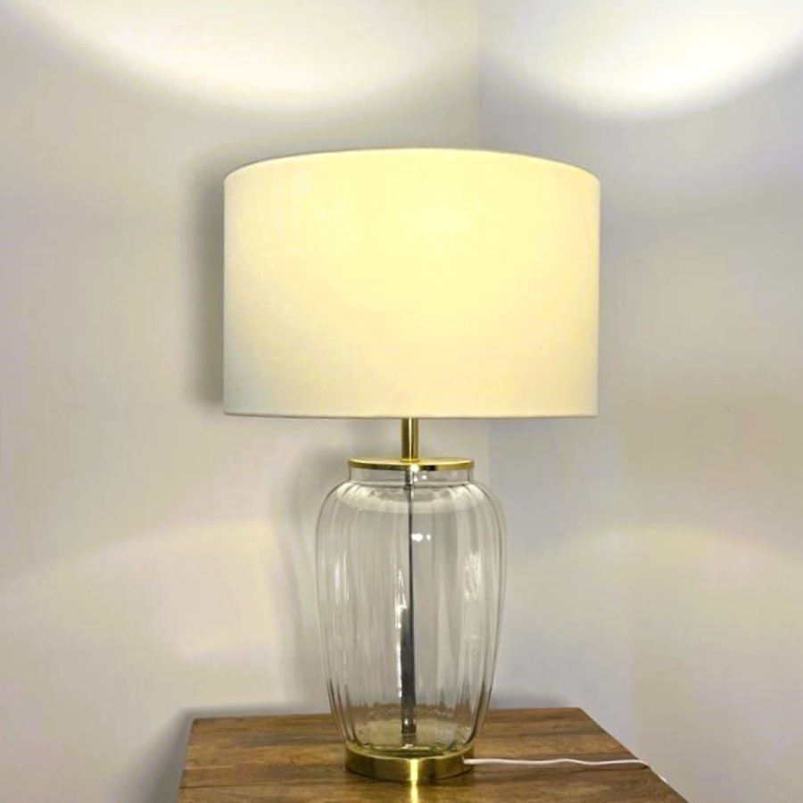 Toombox Clear Ribbed Glass Table Lamp with Gold Finish & Ivory Drum Shade – Elegant Modern Home Décor Lighting - Image 3