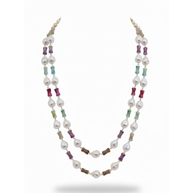 Multicolor Beaded Pearl Necklace Set with Matching Earrings - Image 3