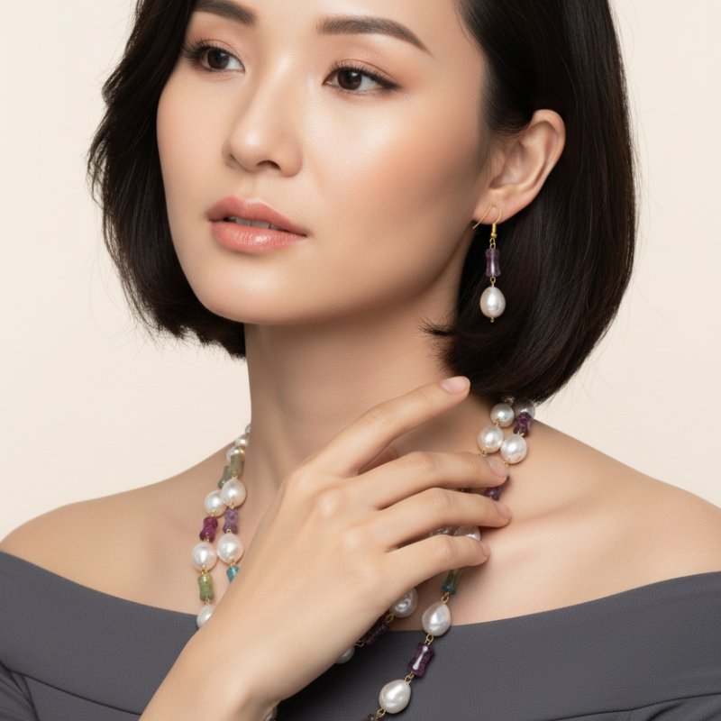 Multicolor Beaded Pearl Necklace Set with Matching Earrings - Image 2