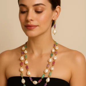 Multicolor Beaded Pearl Necklace Set with Matching Earrings