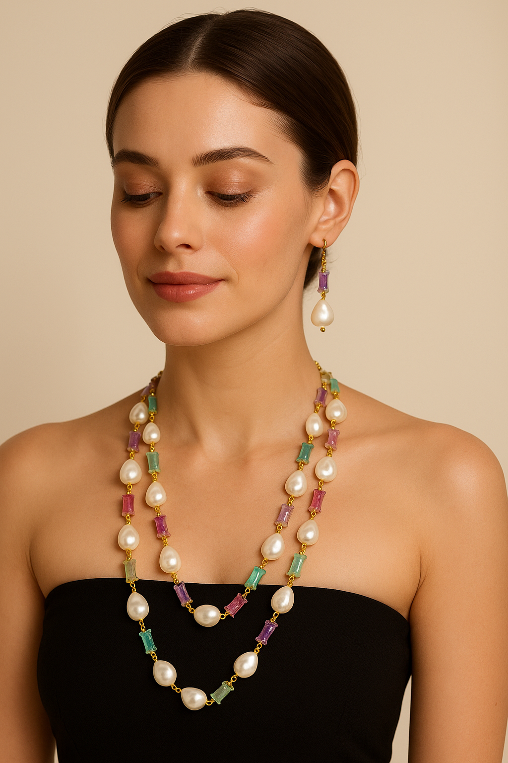 Multicolor Beaded Pearl Necklace Set with Matching Earrings