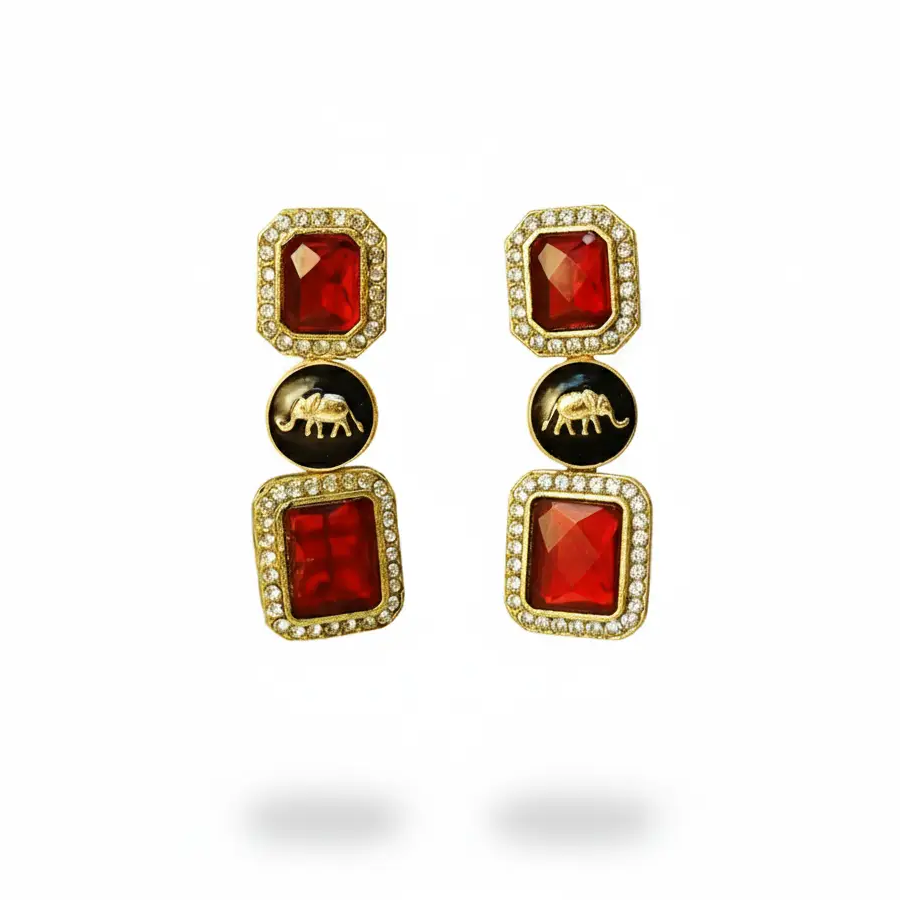 Ruby Red Stone Elephant Earrings – Gold Plated Statement Danglers with CZ Accents - Image 2