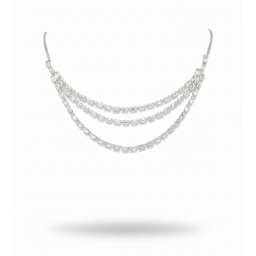 Triple Layer CZ Necklace Set with Earrings – Silver Plated Statement Jewelry - Image 2