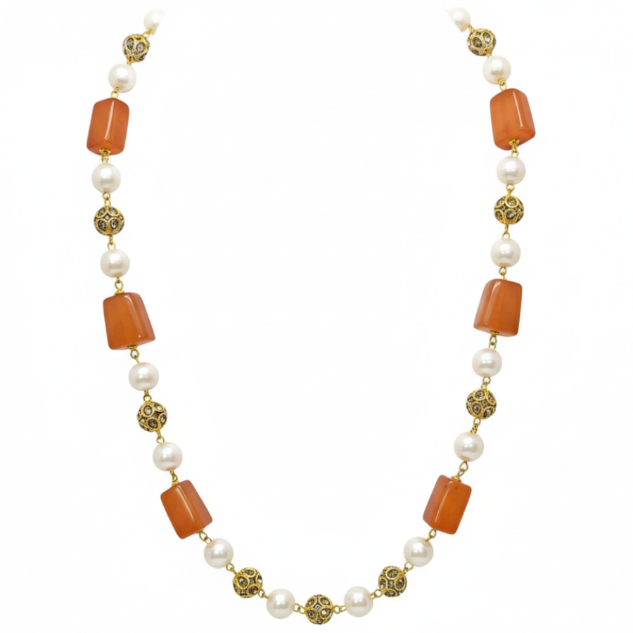 Rust Orange Stone & Pearl Beaded Necklace Set with Earrings – Gold Accent Jewelry - Image 2