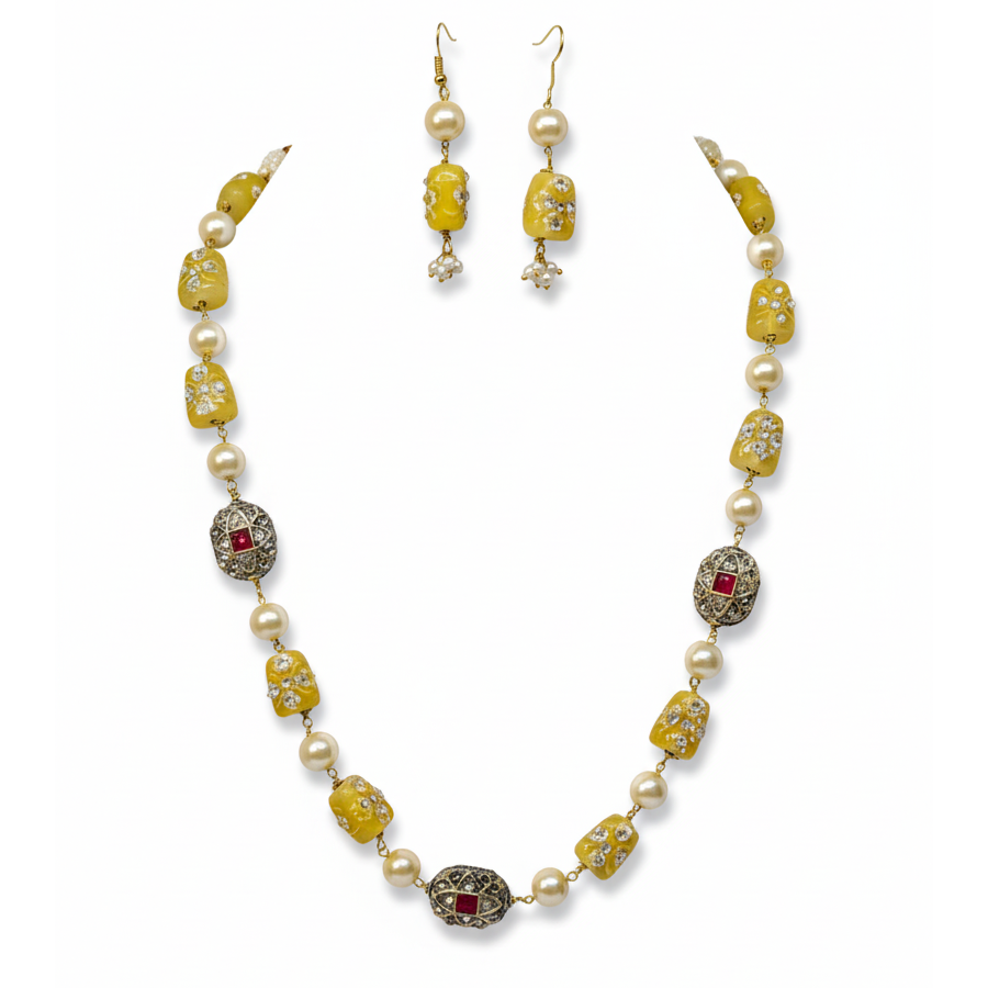 Yellow Beaded Pearl Necklace Set with Earrings – Antique Gold & Red Stone Accents - Image 2