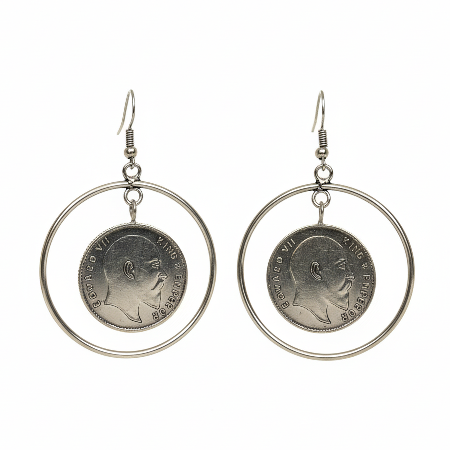 Antique Coin Drop Earrings – Vintage Silver Hoop Design - Image 2