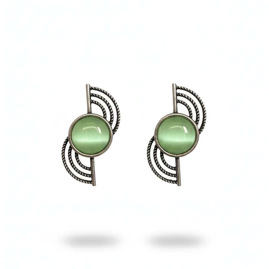 Antique Silver Green Stone Stud Earrings – Elegant Statement Jewellery - Image 2