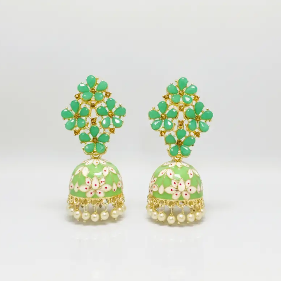 Green Floral Kundan Jhumka Earrings with Pearl Drops | Handcrafted Ethnic Enamel Jewellery by Toombox - Image 2