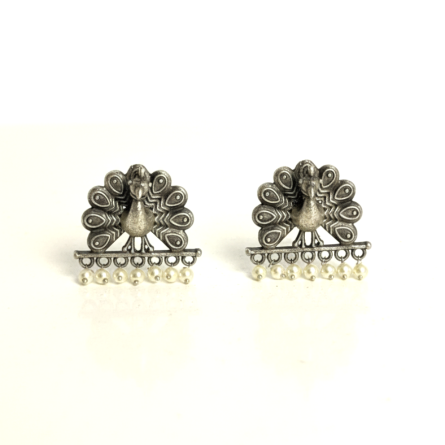 Oxidized Peacock Earrings with Pearl Danglers – Ethnic Statement Jewellery - Image 2