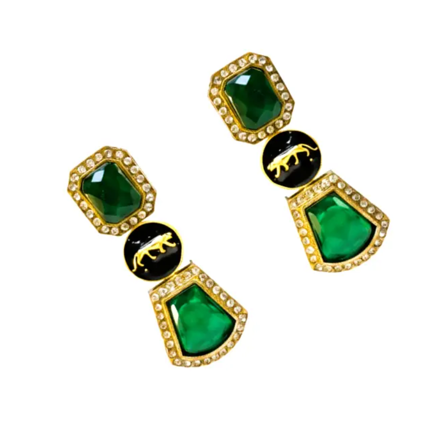 Emerald Green Stone Panther Earrings – Gold Plated Statement Danglers with CZ Accents - Image 2