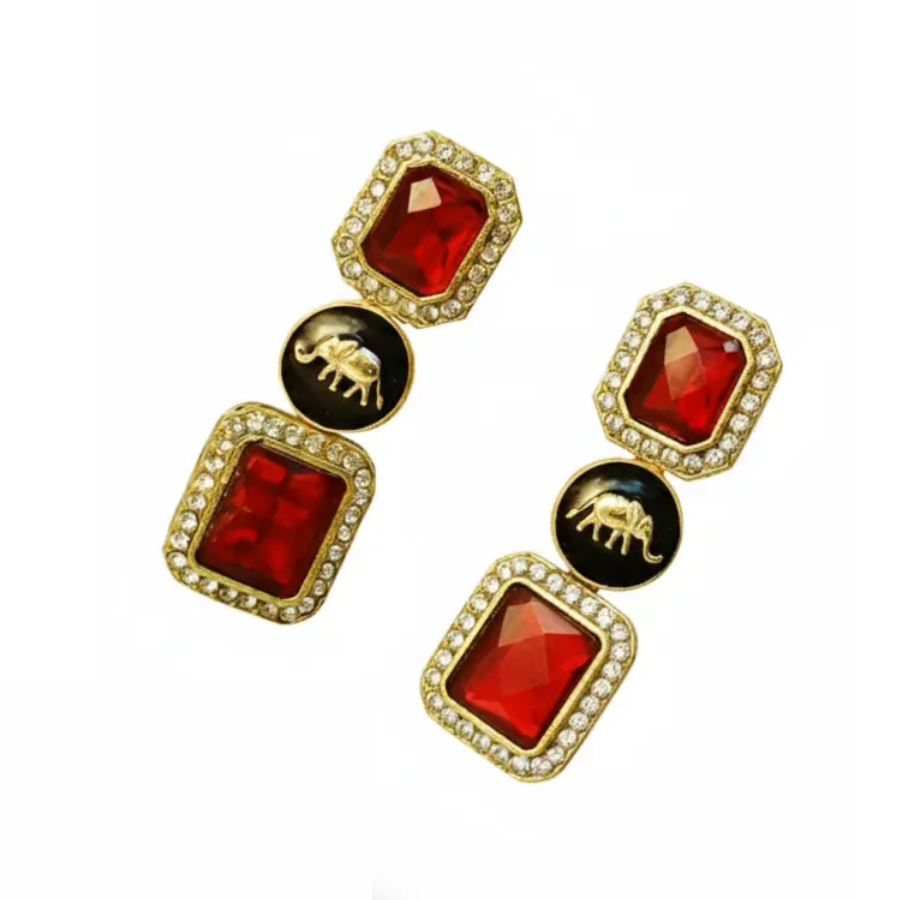Ruby Red Stone Elephant Earrings – Gold Plated Statement Danglers with CZ Accents - Image 3