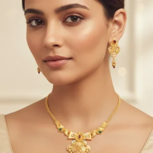 Traditional Gold Plated Necklace Set – Temple Inspired Bridal Jewelry with Earrings & Pearl Drops
