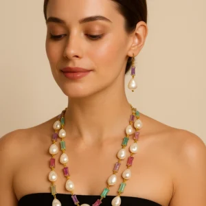 Multicolor Beaded Pearl Necklace Set with Matching Earrings