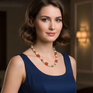 Rust Orange Stone & Pearl Beaded Necklace Set with Earrings – Gold Accent Jewelry