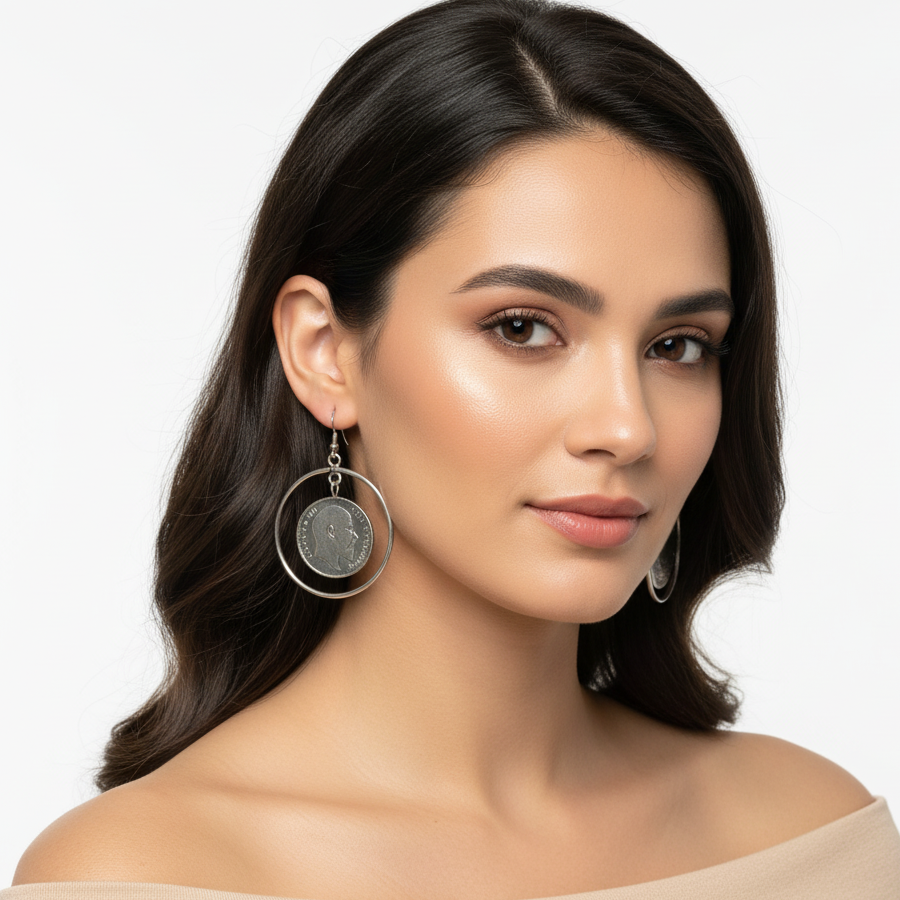 Antique Coin Drop Earrings – Vintage Silver Hoop Design
