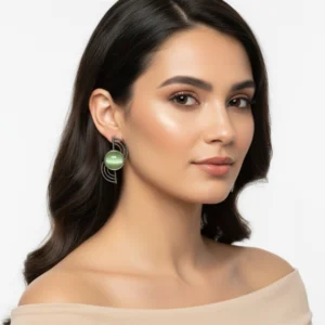 Antique Silver Green Stone Stud Earrings – Elegant Statement Jewellery