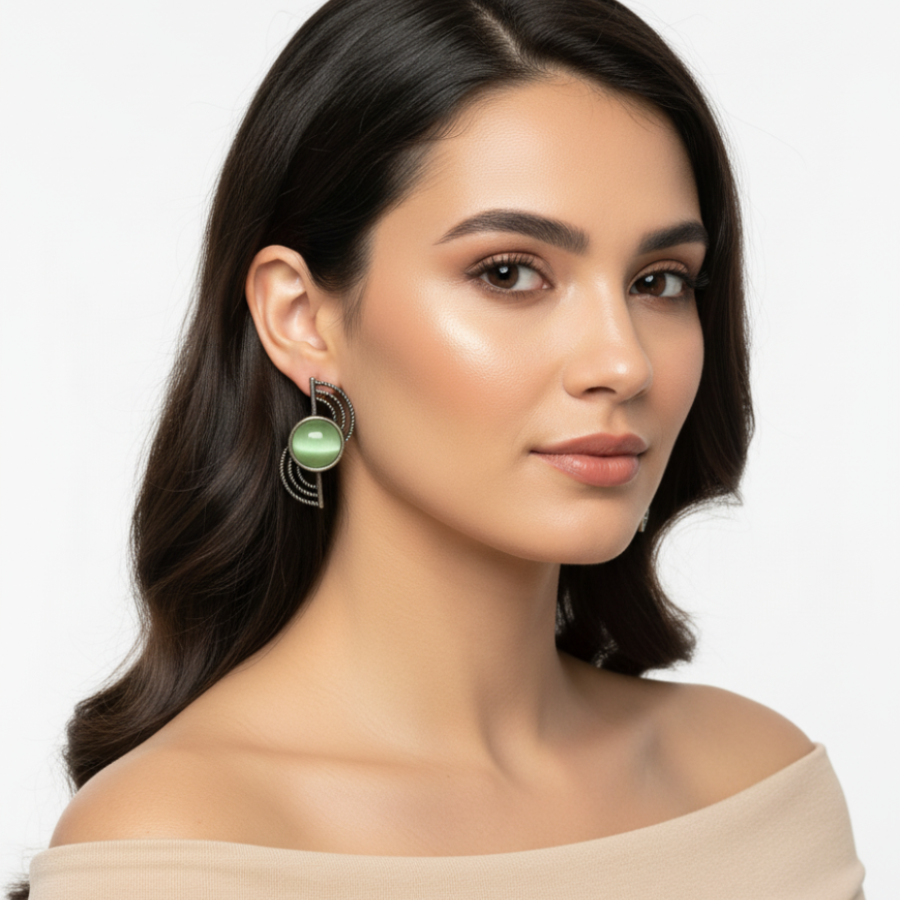 Antique Silver Green Stone Stud Earrings – Elegant Statement Jewellery