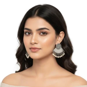 Oxidized Silver Earrings with Pearl Danglers – Ethnic Statement Jewellery
