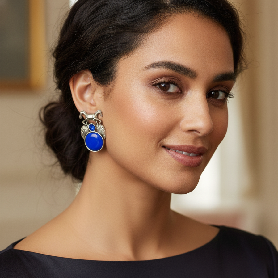 Oxidized Horse Motif Blue Stone Earrings – Bohemian Tribal Jewellery