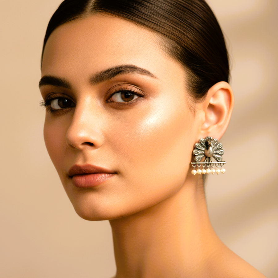 Oxidized Peacock Earrings with Pearl Danglers – Ethnic Statement Jewellery