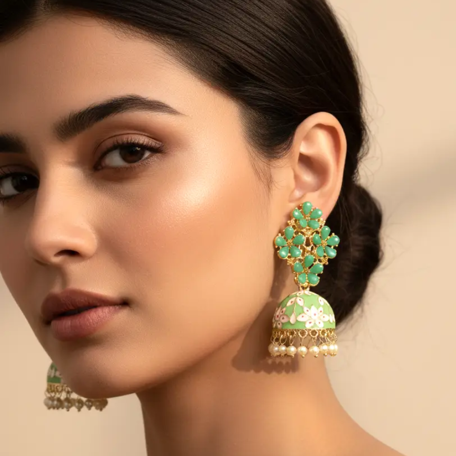 Green Floral Kundan Jhumka Earrings with Pearl Drops | Handcrafted Ethnic Enamel Jewellery by Toombox
