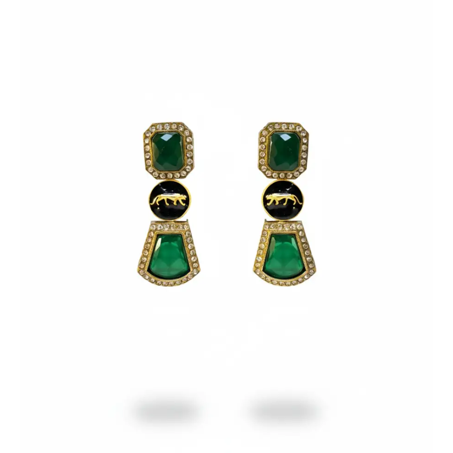 Emerald Green Stone Panther Earrings – Gold Plated Statement Danglers with CZ Accents - Image 3