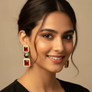 Ruby Red Stone Elephant Earrings – Gold Plated Statement Danglers with CZ Accents