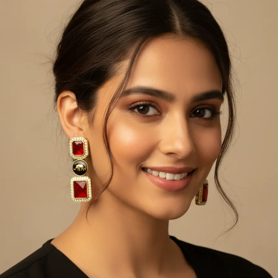 Ruby Red Stone Elephant Earrings – Gold Plated Statement Danglers with CZ Accents