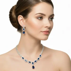 Royal Blue Sapphire Necklace Set – Silver Plated Bridal Jewelry with CZ Accents & Matching Earrings