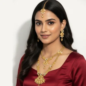 Traditional Gold Plated Bridal Necklace Set – Long Haar, Choker, Earrings & Maang Tikka with Red & White Stone Accents
