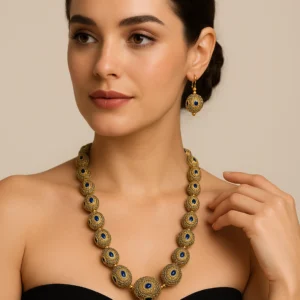 Royal Blue Beaded Necklace Set with Earrings – Antique Gold Finish Statement Jewelry