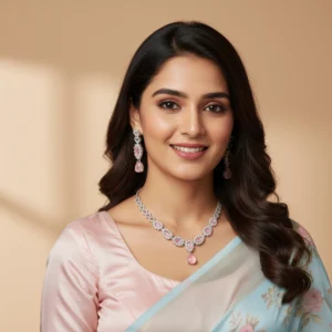 Pink Stone Necklace Set with Earrings – Elegant Silver Finish Bridal Jewelry