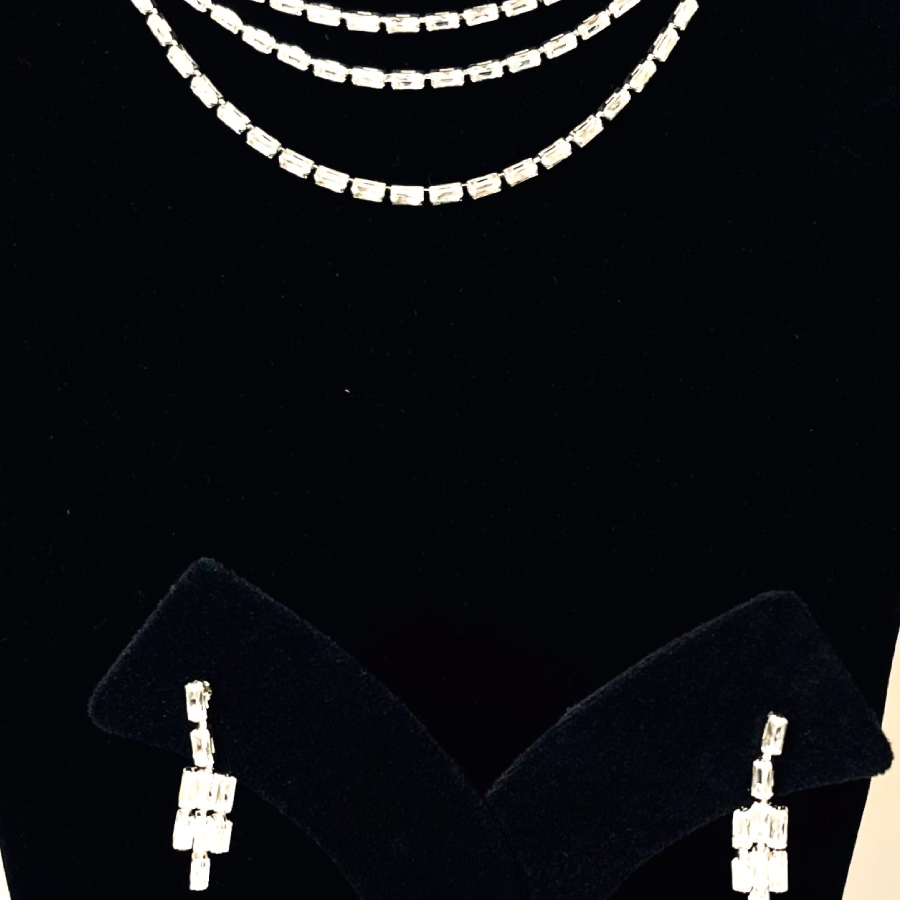 Triple Layer CZ Necklace Set with Earrings – Silver Plated Statement Jewelry