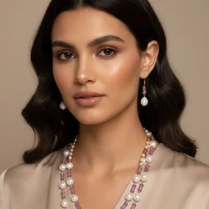 Purple Beaded Pearl Necklace Set with Matching Earrings