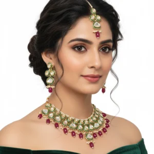 Bridal Kundan Choker Necklace Set – Green Enamel with Ruby Red Beads & Maang Tikka