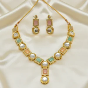 Pastel Multi-Stone Kundan Necklace Set with Earrings – Gold Plated