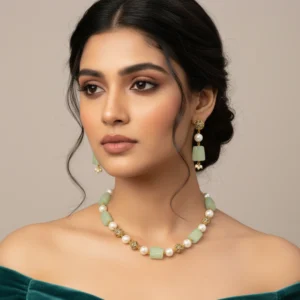 Pastel Green Stone & Pearl Beaded Necklace Set with Earrings – Gold Accents