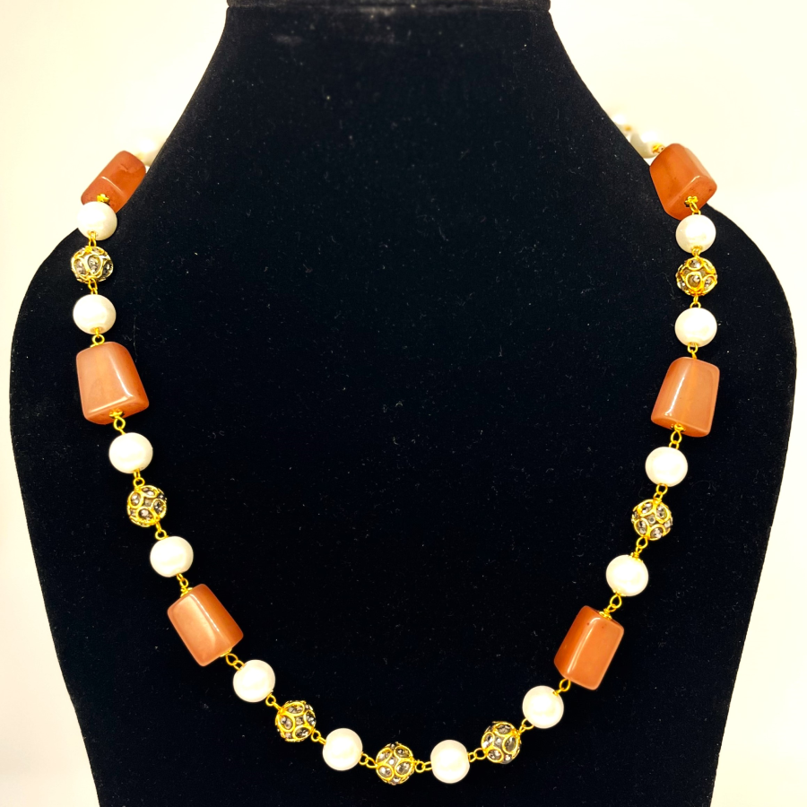 Rust Orange Stone & Pearl Beaded Necklace Set with Earrings – Gold Accent Jewelry - Image 3