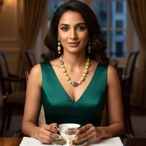 Yellow Beaded Pearl Necklace Set with Earrings – Antique Gold & Red Stone Accents