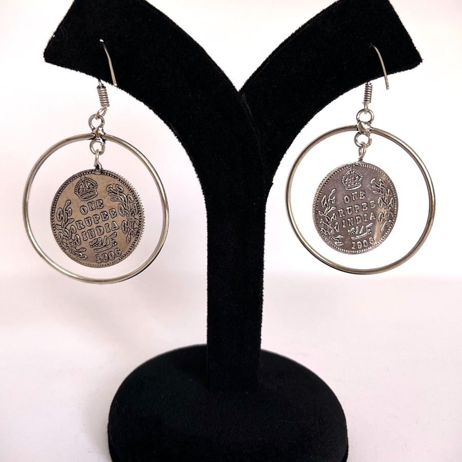 Antique Coin Drop Earrings – Vintage Silver Hoop Design - Image 3
